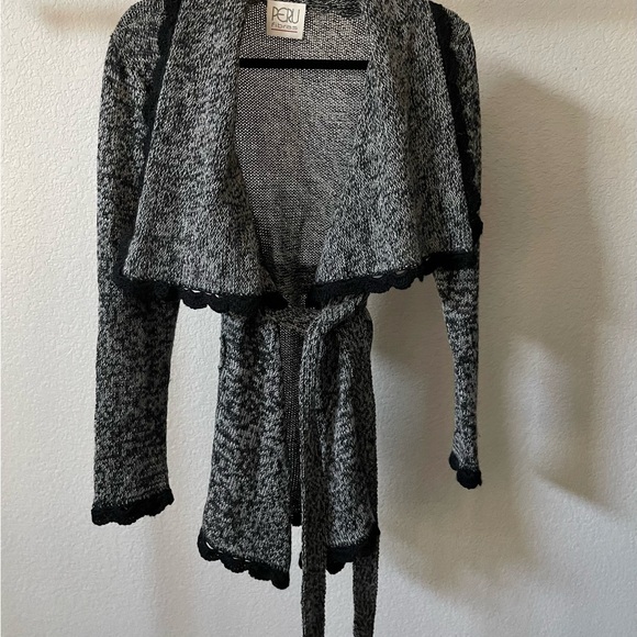 Baby Alpaca Belted Peru Cardigan Sweater Black White Size S - Picture 2 of 10